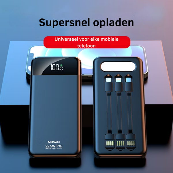 NOVJO Powerbank 10000mAh – 22,5W Snellader met Ingebouwde Kabels & LED Zaklamp – Geschikt voor Apple iPhone en Samsung