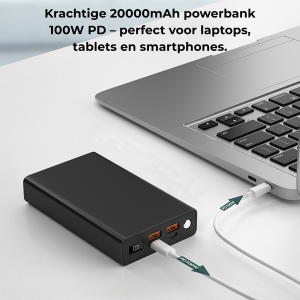 NOVJO Powerbank 20000mAh 100W PD – Snelladen voor Laptop, Tablet & Smartphone