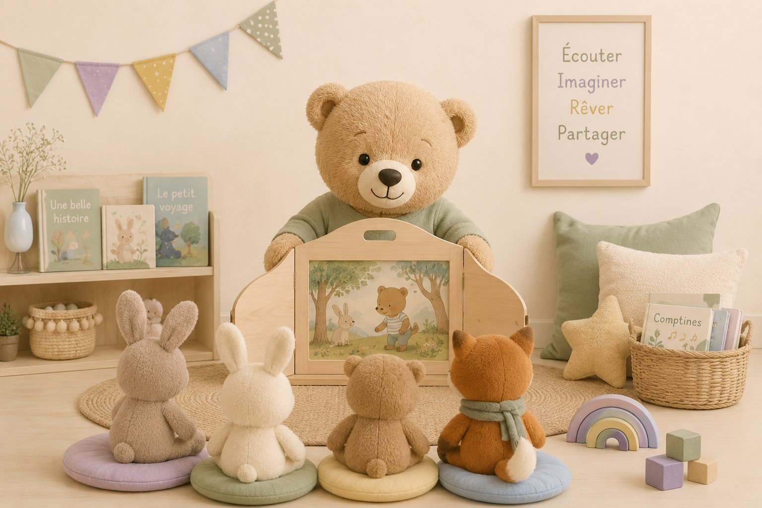 Généré par IA - Un nounours faisant une lecture de Kamishibaï à des peluches