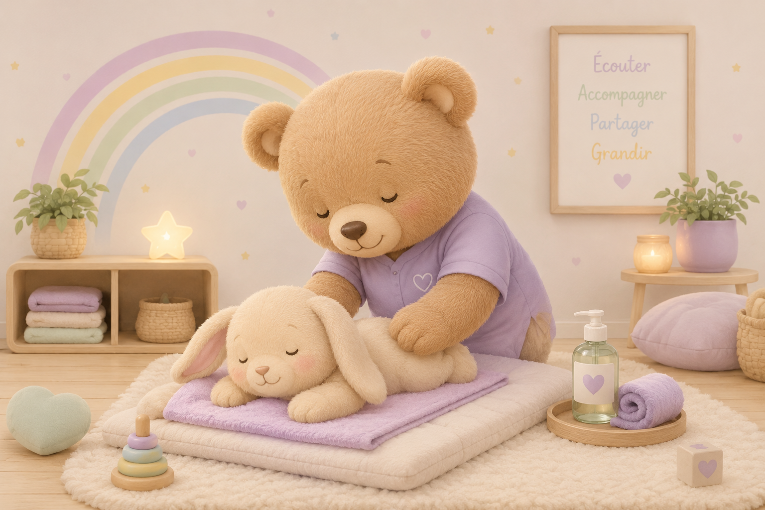 Généré par IA - Un nounours faisant un massage à un lapin en peluche