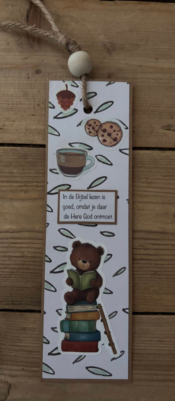 Handgemaakte kinderboekenlegger: in de Bijbel lezen is goed etc