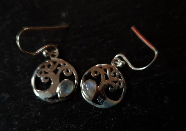 Zilver Oorbellen Tree of life met Regenboog maansteentjes Mondstein Moonstone