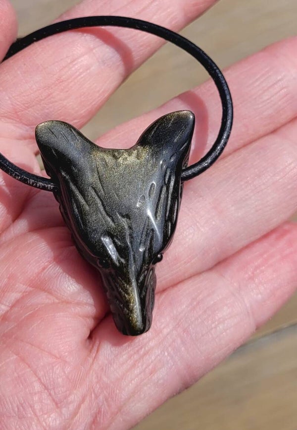 Goud Obsidiaan Wolf carving doorboord 4 cm Wolf Gold Obsidian gebohrt