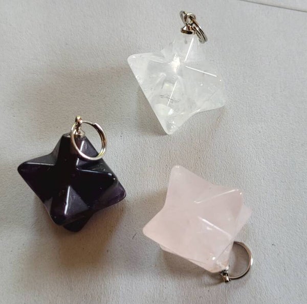 Merkaba hangertje in Bergkristal,  Amethistben Rozekwarts 2 cm Bergkristall,  Amethyst und Rosenquarz