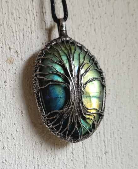 Handmade zilver hanger Tree of life Flash Labradoriet 5 cm Anhänger Silber Labradorit, Pendant Silver Flash Labradorite.