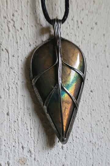 Handmade Zilver hanger Blad Labradoriet 4,5 cm Anhänger Silber Blatt Labradorit, Pendant Leaf Labradorite silver