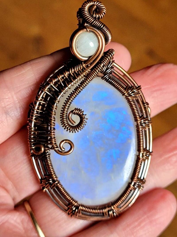 Wire wrap koper Regenboog Maansteen 6,5 cm kupfer Regenbogen Mondstein,  Wire wrap Rainbow Copper Moonstone