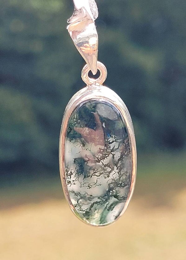 Moosachat, Mosagaat, Moss achate silver pendant zilver hanger. 3 cm