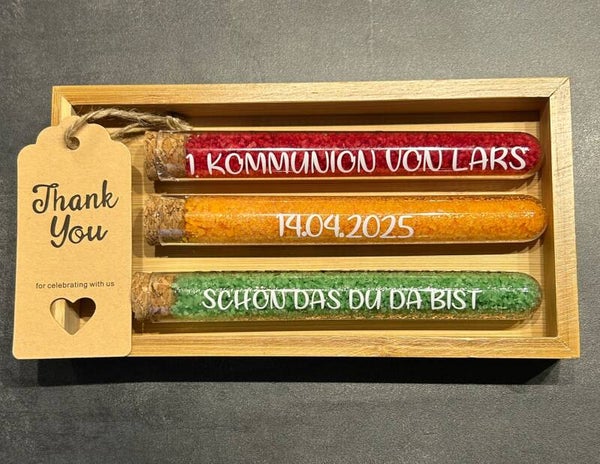 Reagenzglas Kommunion 3-er Set mit Badesalz