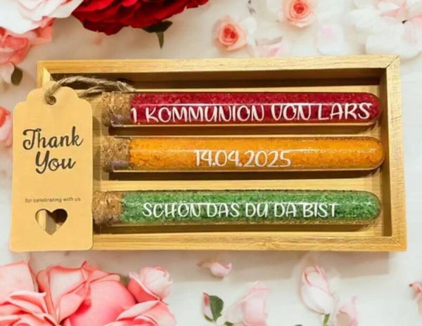 Reagenzglas 3-er Set mit Badesalz Taufe/Kommunion/Firmung