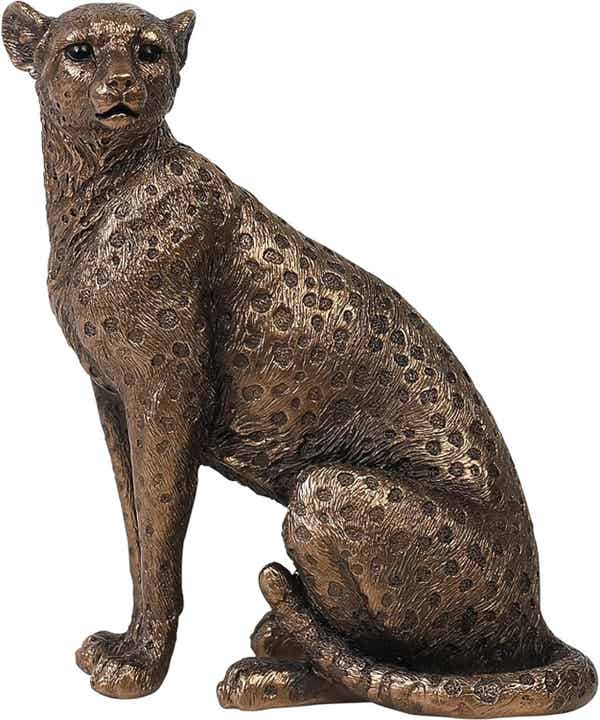 Sculptuur van een bronskleurige zittende jaguar (15,5cm)