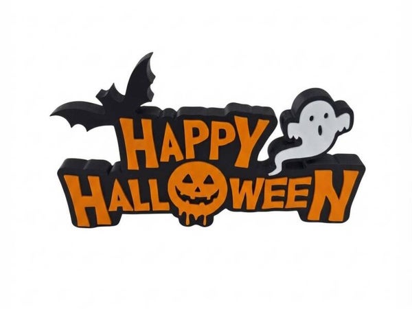Szyld z duchem i napisem "Happy Halloween"