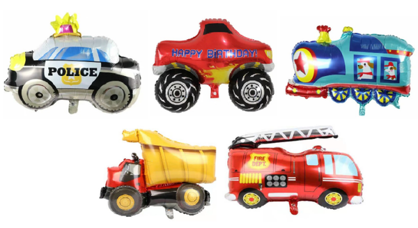 Folieballonnen set 5 auto's Kiepwagen, Politieauto, Brandweerwagen, Monstertruck en Trein