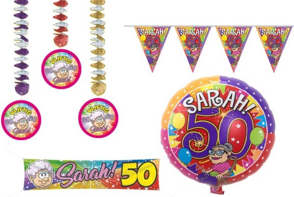Slinger, banner, swirls en folieballon 50 Sarah set 6-delig