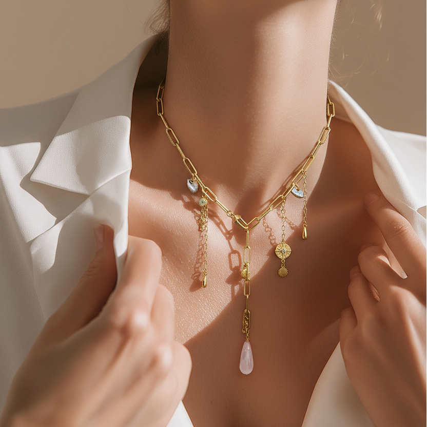 Eksklusiv 18k forgyldt sølvhalskæde med rosenkvarts og perler | Golden Dew Rosdis