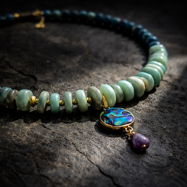 Eksklusiv forgyldt sølvhalskæde med Abalone, Amazonit og Ametyst | Tidal Gems