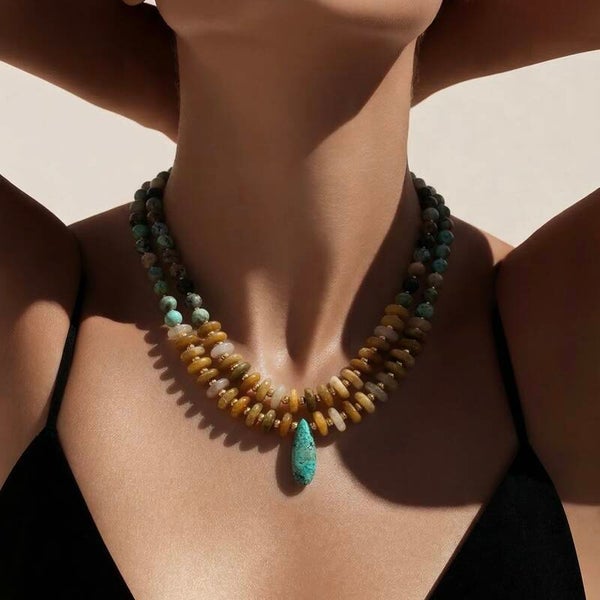 Eksklusiv forgyldt dobbelt-halskæde med ægte Turkis og Topas Jade | Turkisglød