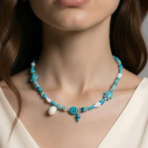 Håndlavet halskæde i turkis farver og Sølv 925 |Seaside - Havblå