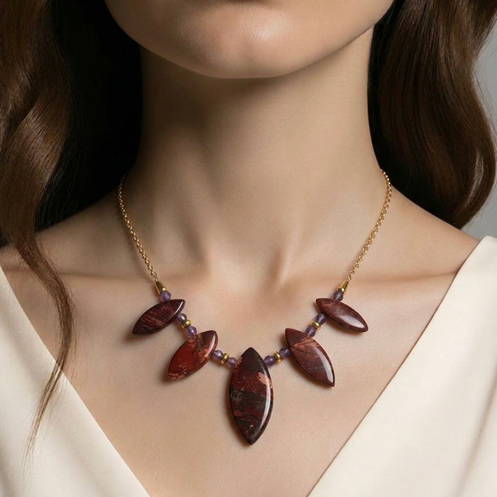 Håndlavet forgyldt sølvhalskæde med rød Jasper og facetslebet Ametyst | Iduns Glød