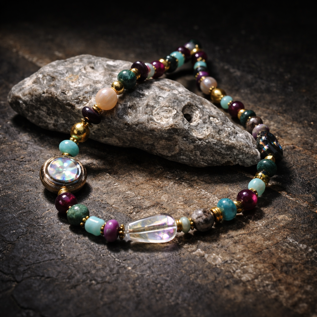 Håndlavet unika – Muse of Colors – Skumringsglimt | Halskæde med Lepidolit og Amazonit