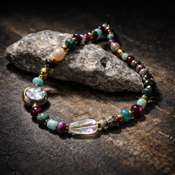 Håndlavet unika – Muse of Colors – Skumringsglimt | Halskæde med Lepidolit og Amazonit