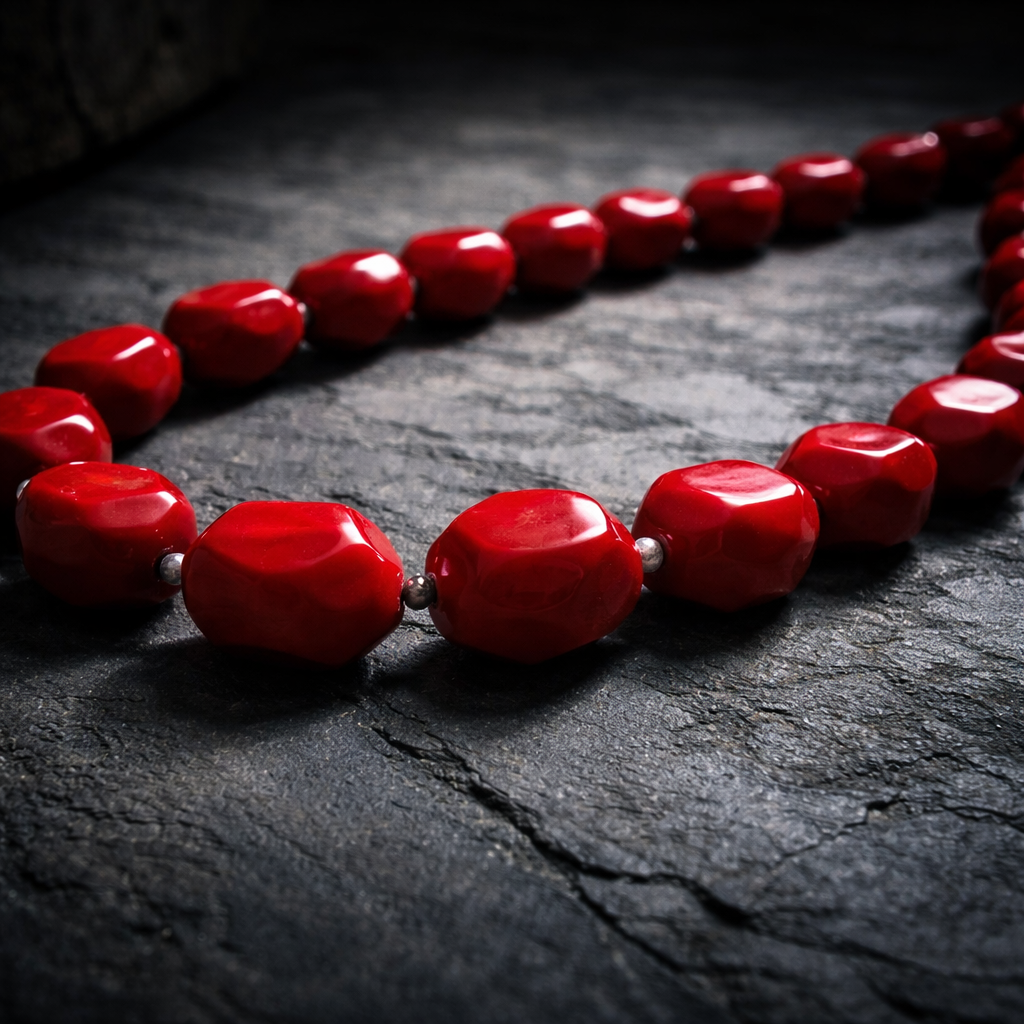 Eksklusiv halskæde i 925 sterlingsølv med rød koral og ametyst | Crimson Tide