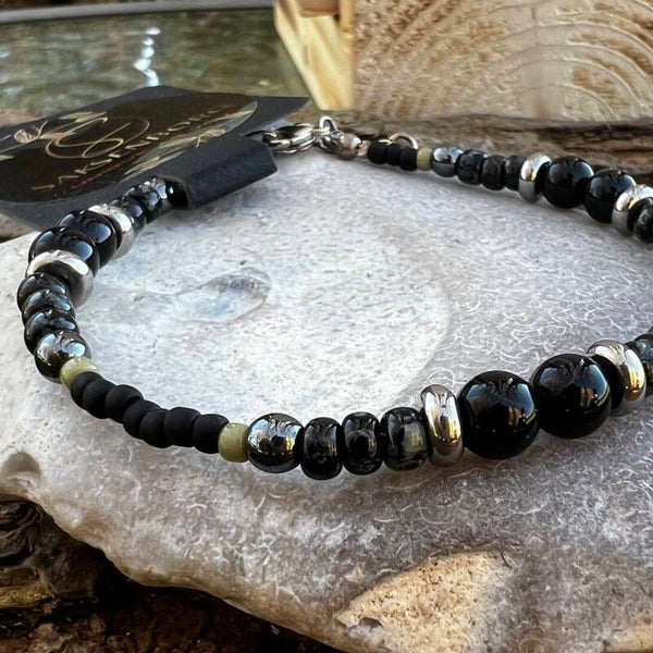 Maskulint perlearmbånd | Nordic Path – Roar | Sort Agat & Stål