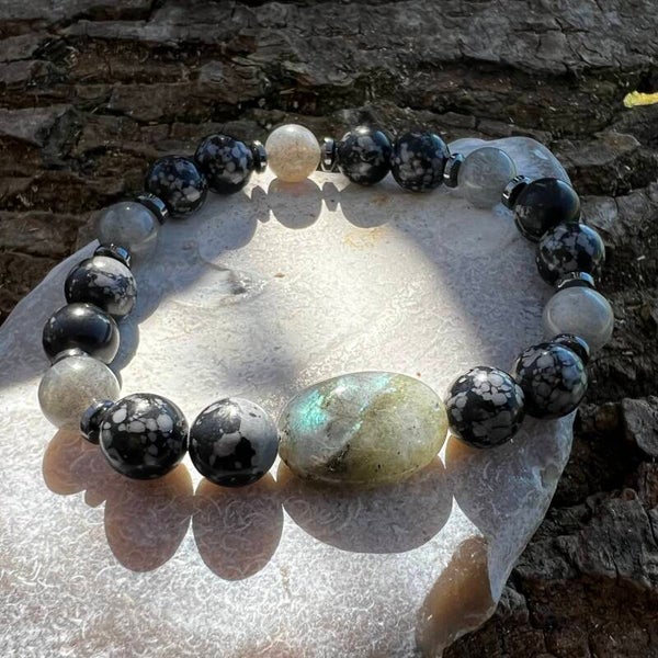 Nordic Path – Nidavellir | Maskulint armbånd med Labradorit & Snowflake Obsidian
