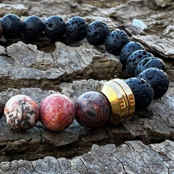 Nordic Path – Muspel | Elastikarmbånd med Sort Lava & Mønstret Jaspis