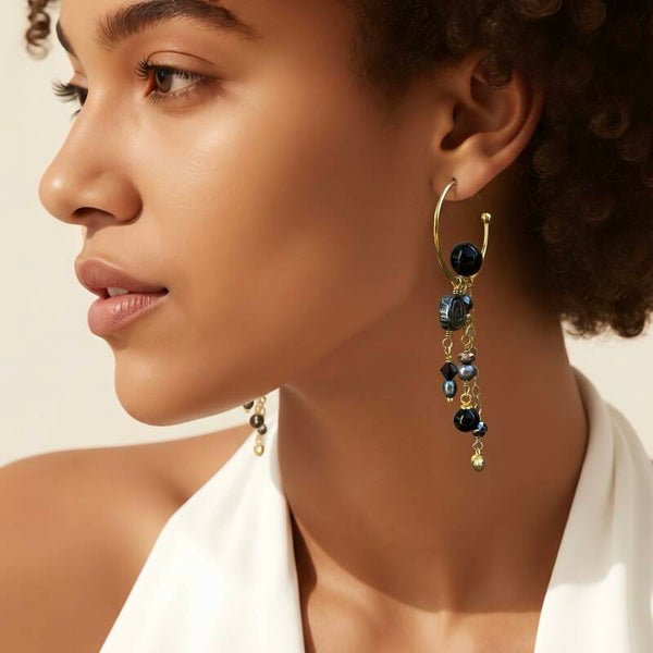 Unik håndlavet øreringe | Nordic Colour – Elegant Gold | Onyx & hjerte