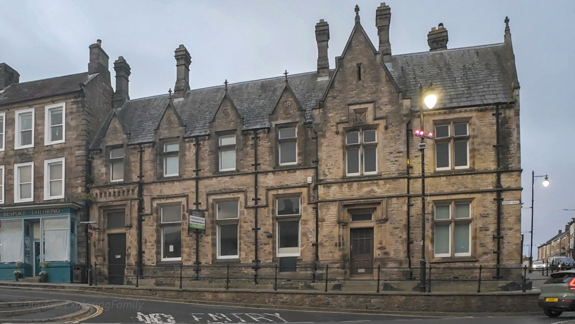 Wide view of the former Barclays Bank at the junction of Market Place and Newgate in Barnard Castle.