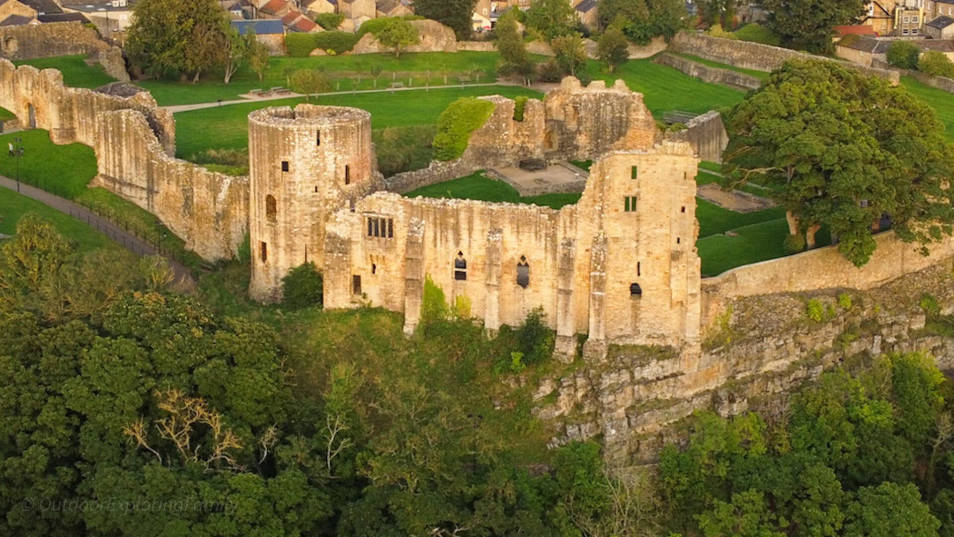 Barnard Castle English Heritage site aerial view showing the ruins and surrounding countryside in County Durham