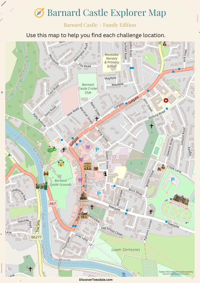 Printable Barnard Castle Explorer Map showing the locations used in the family history challenge