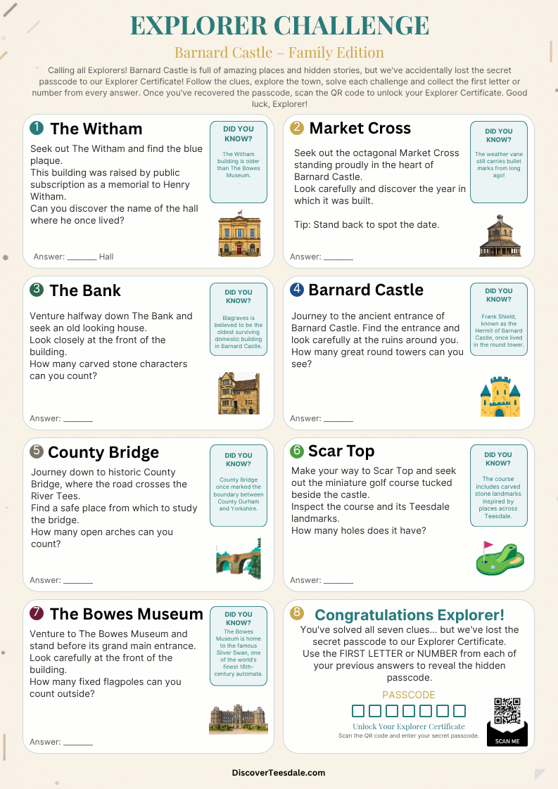 Barnard Castle Explorer Pack with seven history challenges and a printable town map