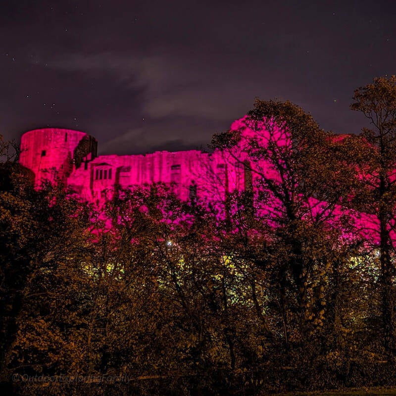 Barnard Castle illuminated pink above the trees at night