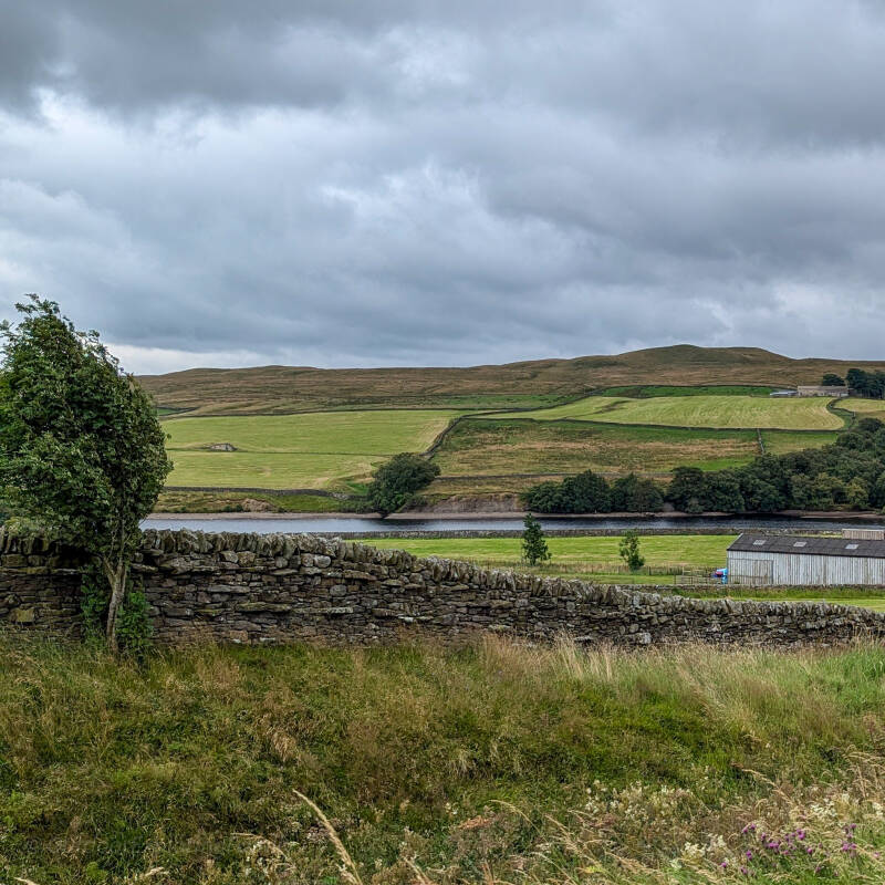 Farmland and dry stone walls overlooking Blackton Reservoir, with rolling fields and moorland hills under a cloudy sky.