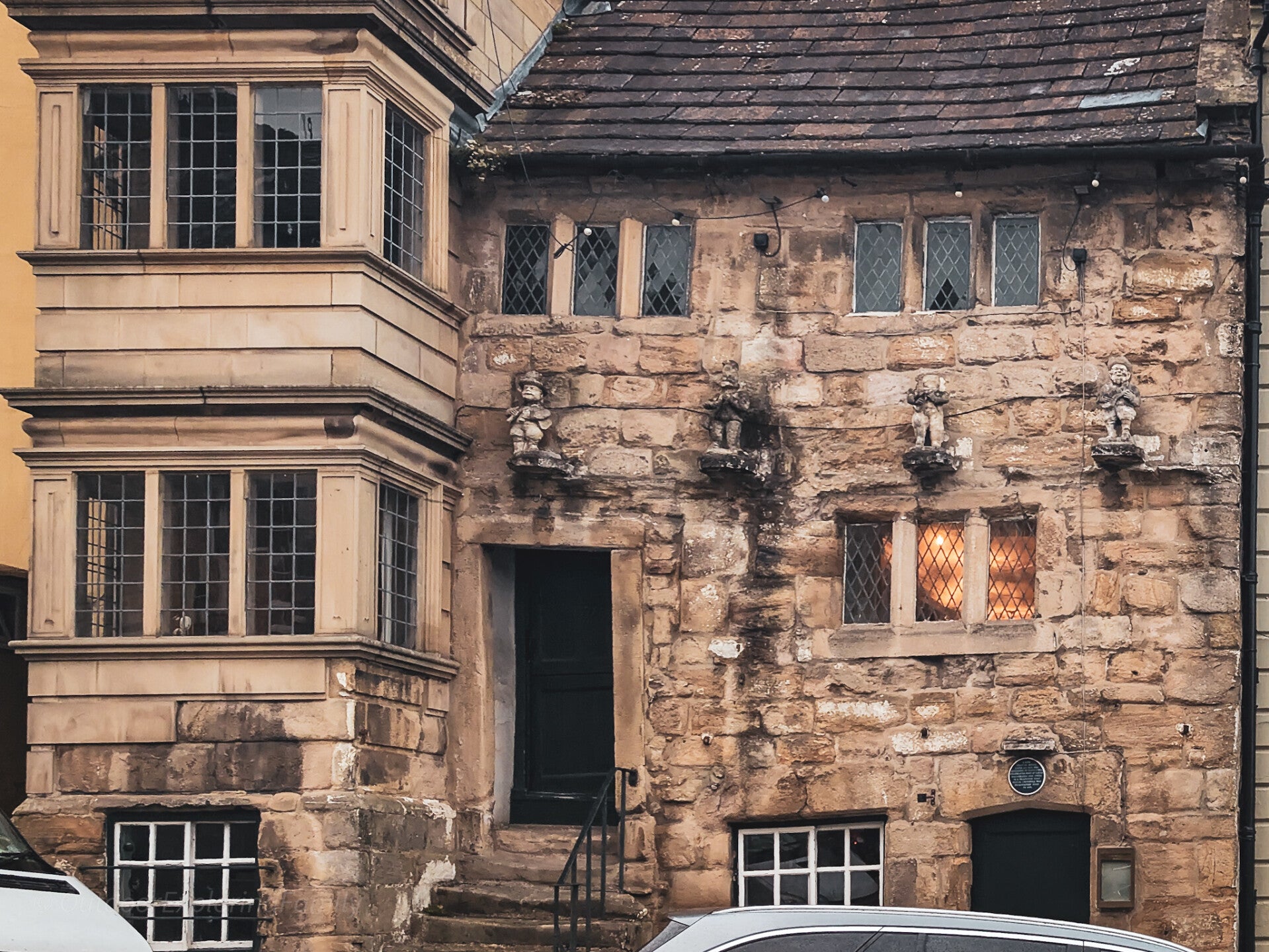 Historic stone frontage and projecting windows of Blagraves House on The Bank in Barnard Castle