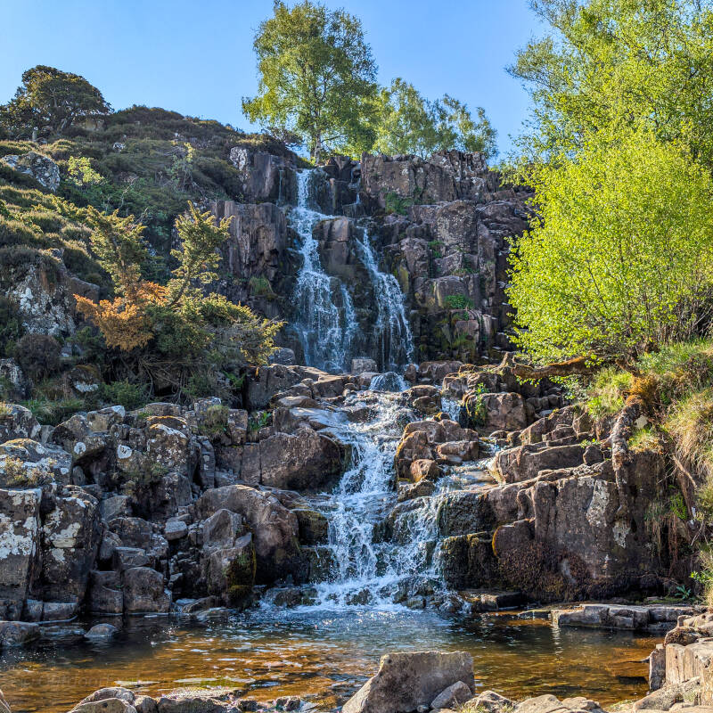 Bleabeck Force waterfall hidden in a rocky gully in Upper Teesdale along the River Tees walking route