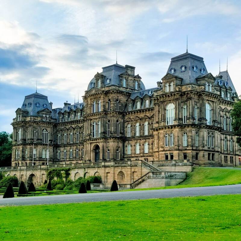 Bowes Museum viewed from the park in Barnard Castle on a peaceful riverside walk