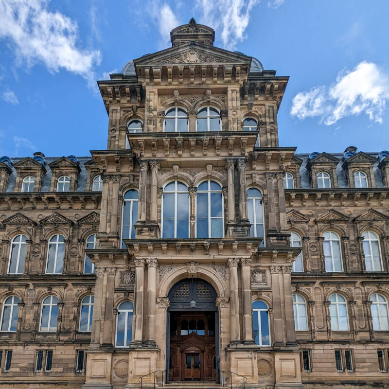 Main entrance of The Bowes Museum in Barnard Castle showing the detailed French château inspired architecture and stonework.