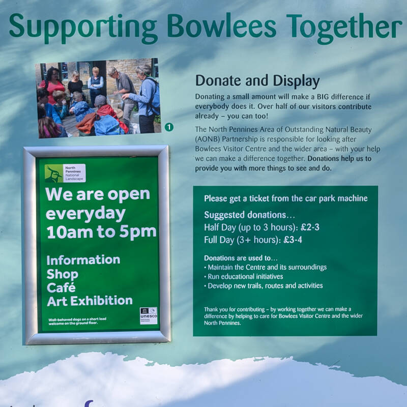 Bowlees Visitor Centre parking donation sign showing suggested prices for half day and full day parking