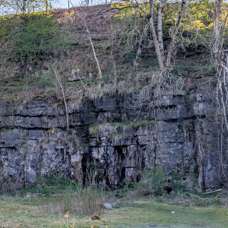 Close view of limestone rock layers at Bowlees Quarry in Upper Teesdale