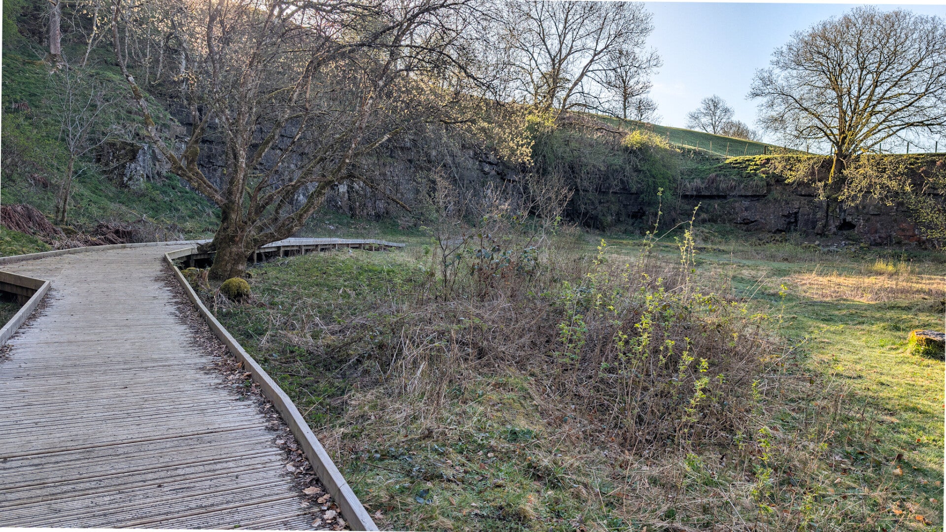 Bowlees Quarry in Teesdale with limestone rock faces, woodland and open grassland beside Bow Lee Beck