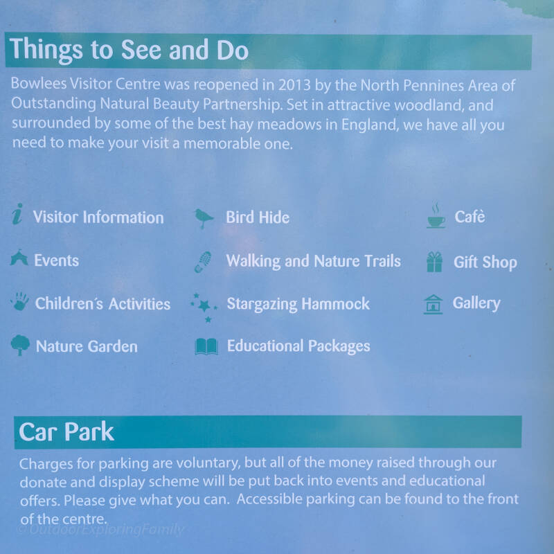 Bowlees Visitor Centre information board showing facilities, walks and things to see in Teesdale
