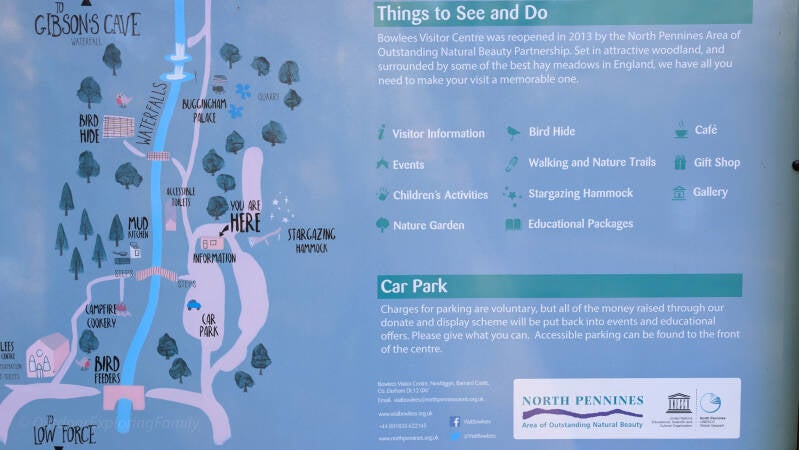 Bowlees parking map and visitor information board showing walks to Low Force and Gibson’s Cave