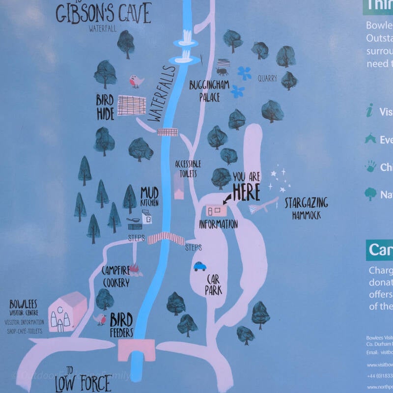 Bowlees Visitor Centre map board showing car park layout and walking routes to nearby waterfalls