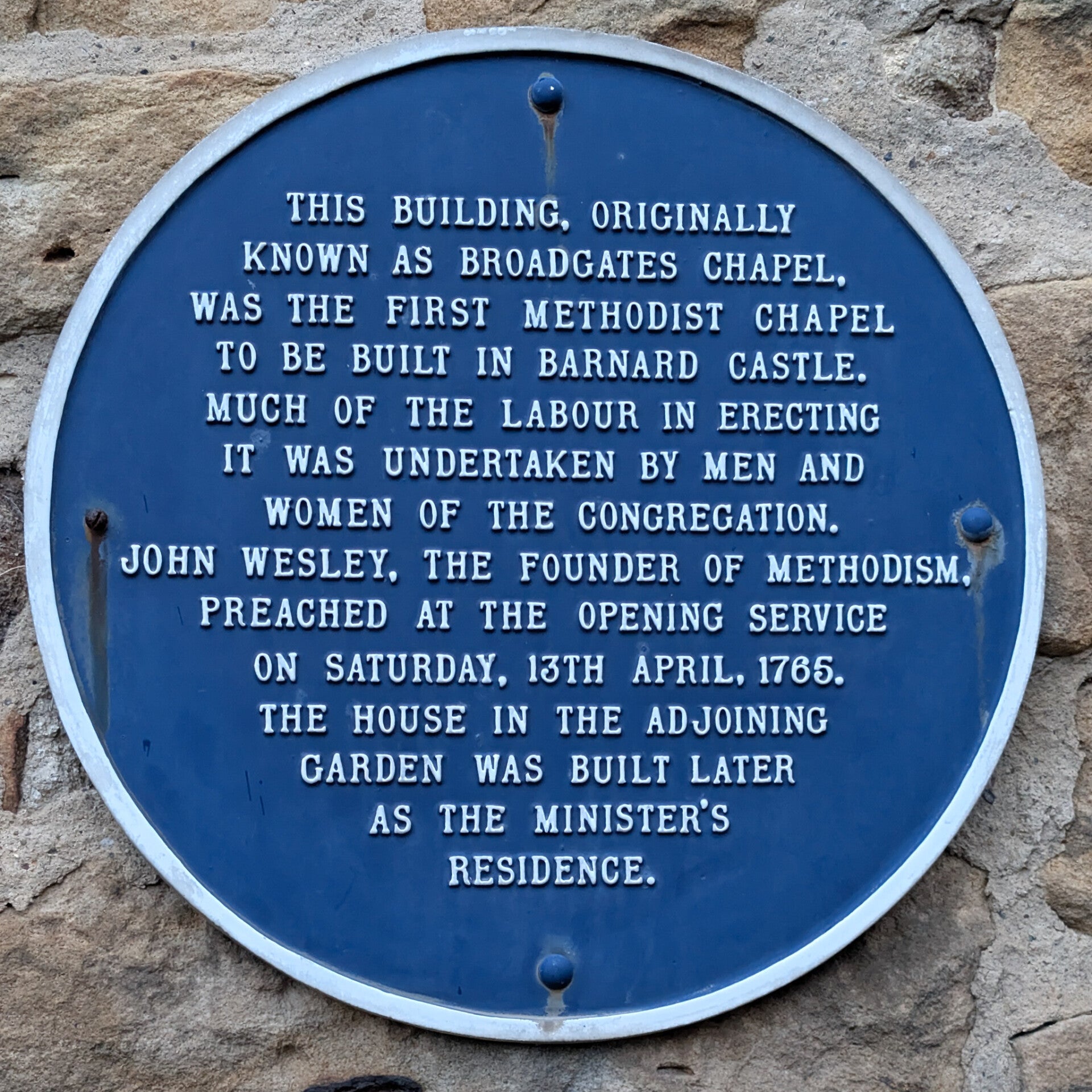 Blue plaque explaining the history of Broadgates Chapel and John Wesley’s opening service in 1765.
