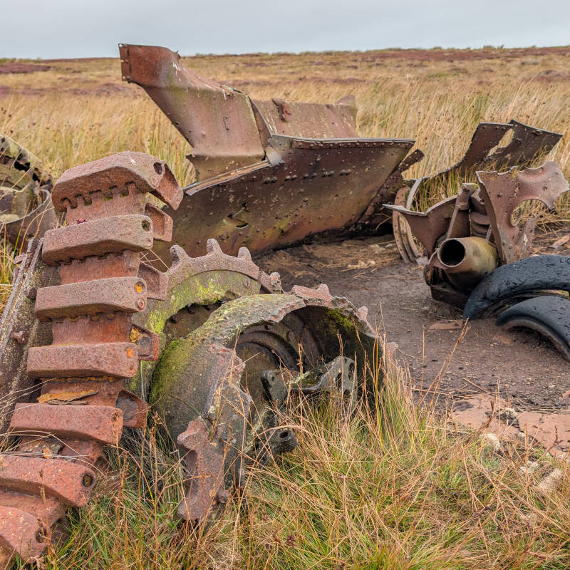 Close-up of the drive sprocket and track links on the Cotherstone Moor tank wreck