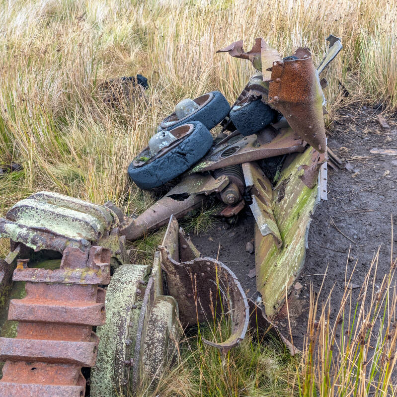 Twisted armour plate and suspension remains from the Cotherstone Moor tank wreck