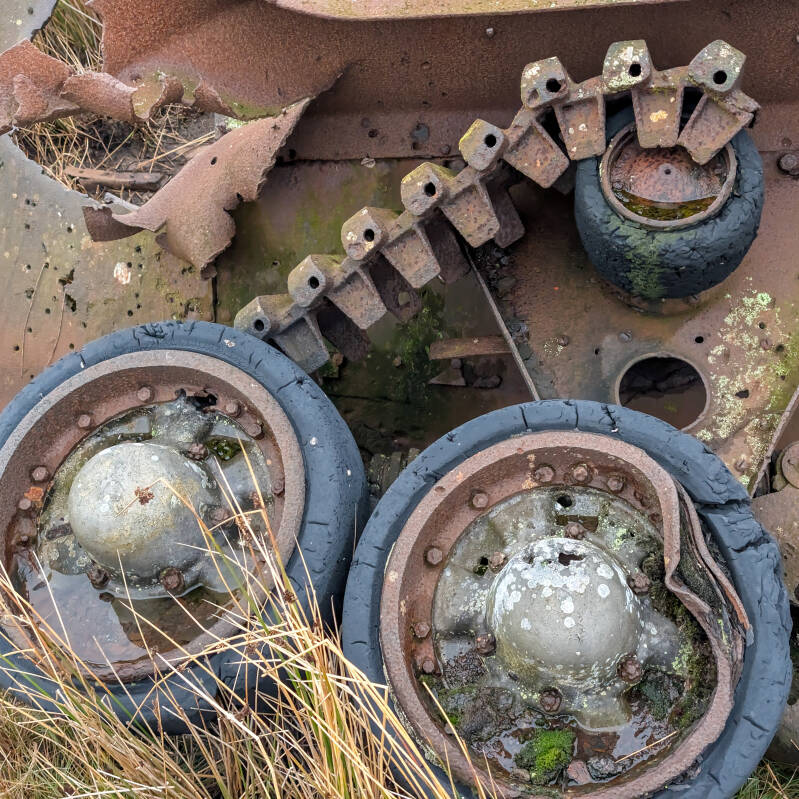 Track, sprocket and damaged armour remains at the Cotherstone Moor tank wreck